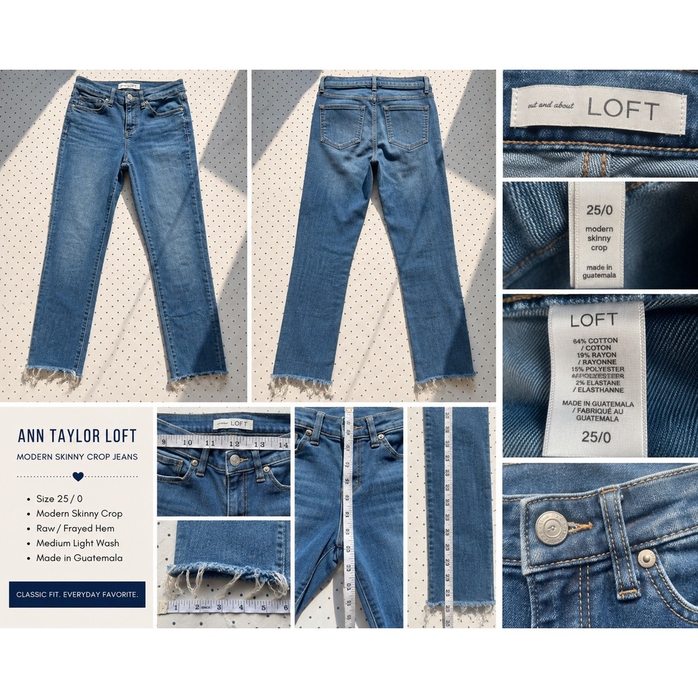 LOFT Modern Skinny Crop Jeans 25 0 Blue Wash Raw Frayed Hem Ankle Denim